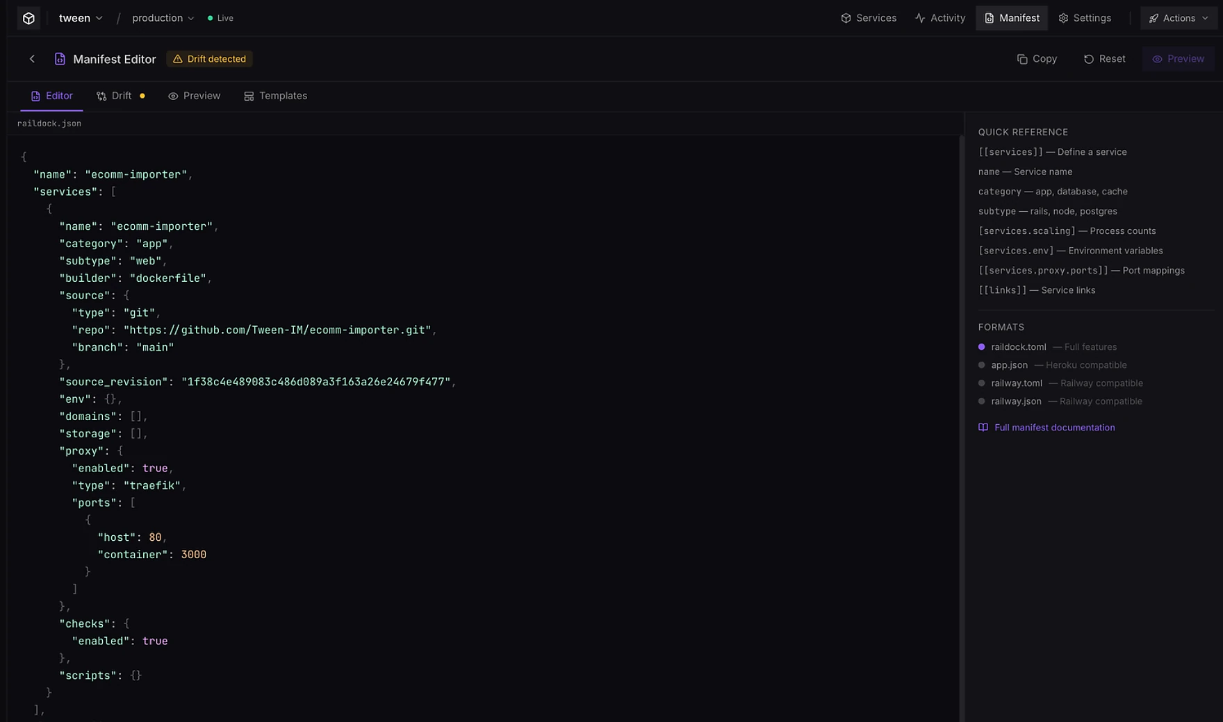 RailDock manifest editor with drift status and manifest quick reference
